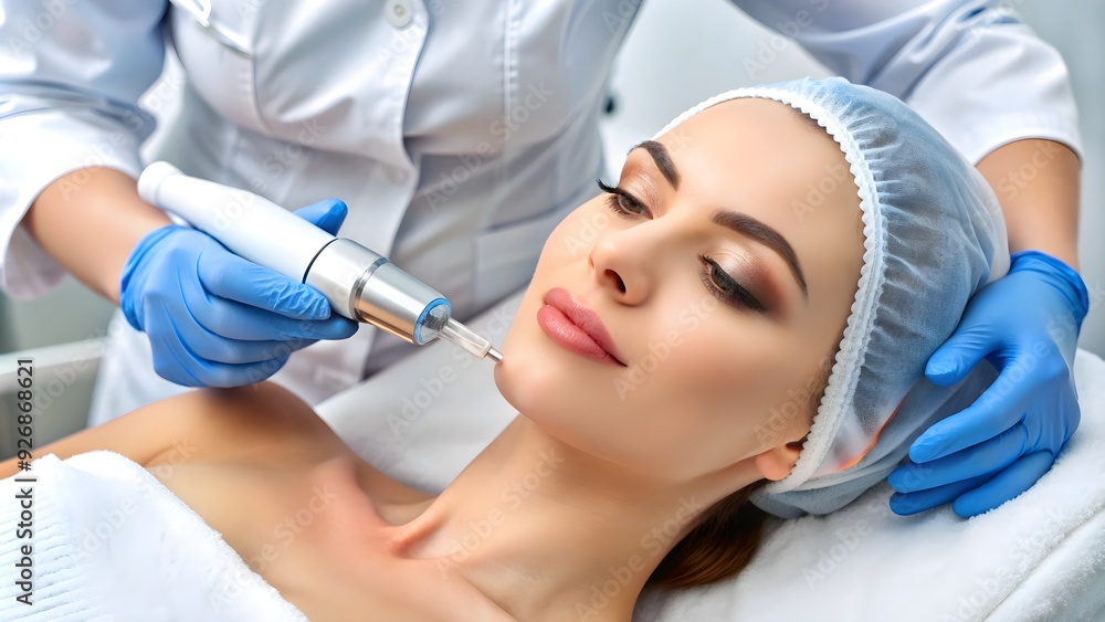 Cosmetologist performing mesotherapy injection with dermapen for facial rejuvenation at spa center Cosmetologist performing mesotherapy injection with dermapen for facial rejuvenation at spa center