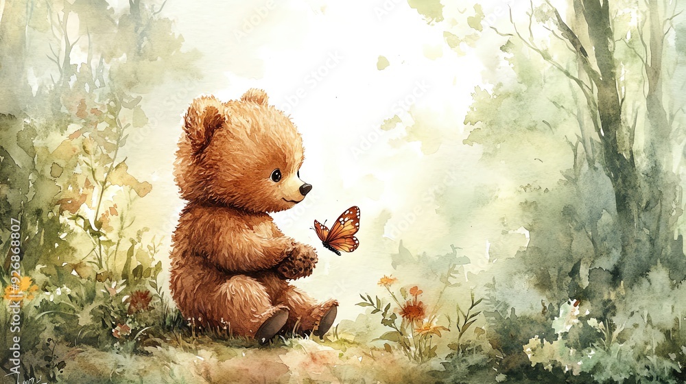 A watercolor depiction of a baby bear playing with a butterfly A watercolor depiction of a baby bear playing with a butterfly