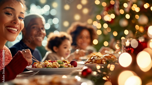 A happy family having dinner at Christmas time. Candid natural view.