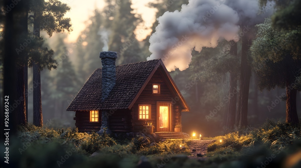 Cozy Cabin in the Snowy Forest with Glowing Lights and Smoke Cozy Cabin in the Snowy Forest with Glowing Lights and Smoke