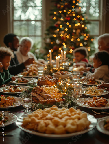 A happy family having dinner at Christmas time. Candid natural view.