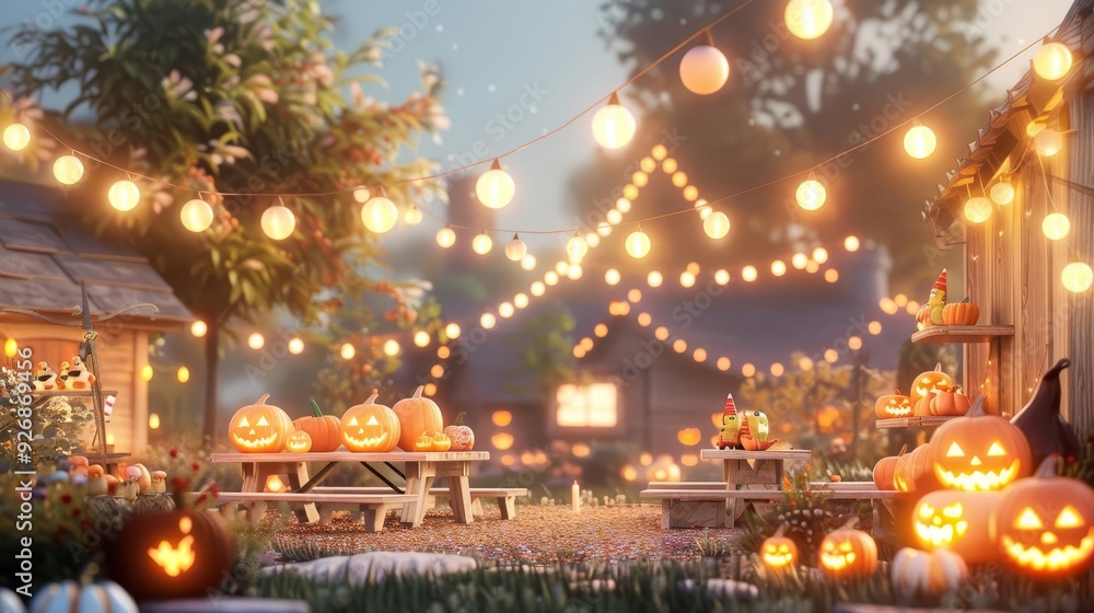 Naklejka premium An outdoor picnic area with glowing lanterns, a candy buffet, and kids carving pumpkins at picnic tables