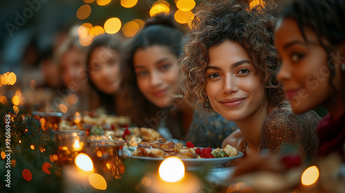A happy family having dinner at Christmas time. Candid natural view.