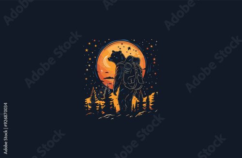 Bear wearing backpack. bear backpacker adventure logo apparel design vector illustration