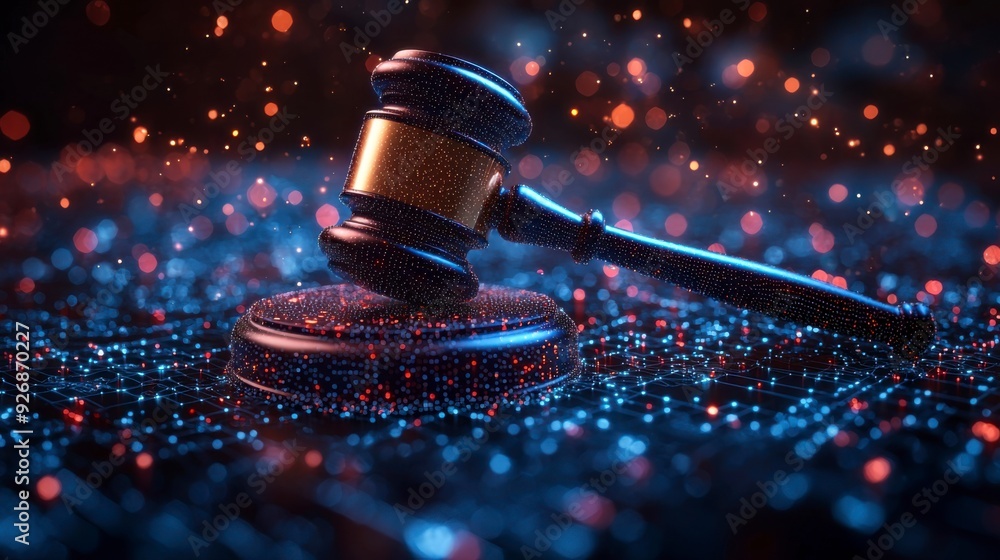 The judge's gavel floats in virtual space, symbolizing the enforcement of cybersecurity laws. The judge's gavel floats in virtual space, symbolizing the enforcement of cybersecurity laws.