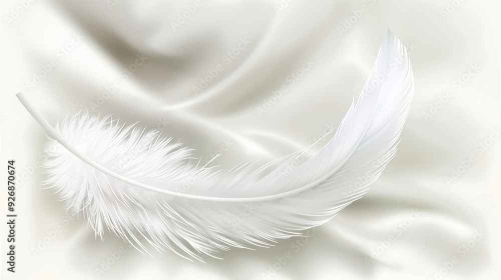 Naklejka premium Elegant White Feather on Soft Silk A Serene Background Evoking Tenderness and Purity
