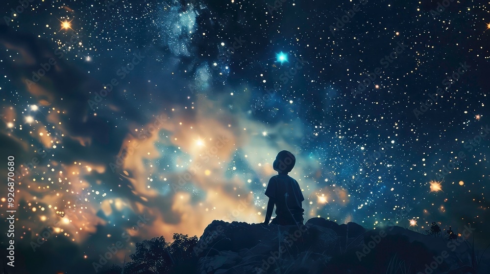 Fototapeta premium A lone figure sits silhouetted against a vast, starry night sky, gazing up at the multitude of twinkling stars. The scene evokes a sense of wonder, solitude, and the vastness of the universe.