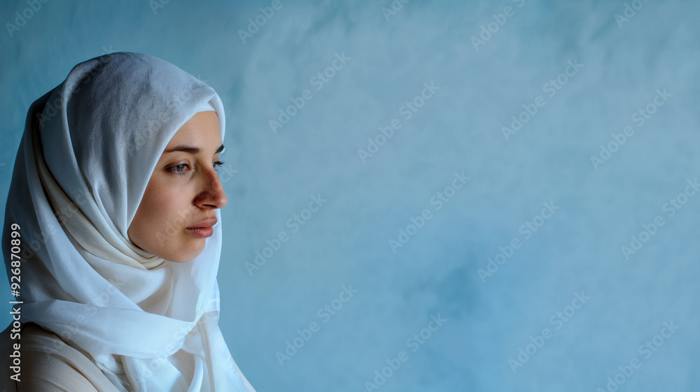 Side profile of a woman in a white hijab against a blue background Side profile of a woman in a white hijab against a blue background