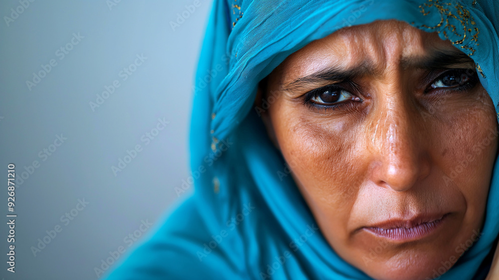 Close-up of a woman in a turquoise headscarf with a pensive expression Close-up of a woman in a turquoise headscarf with a pensive expression