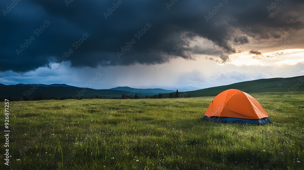 Dramatic Tent in Grassy Field with Storm Clouds on the Horizon Dramatic Tent in Grassy Field with Storm Clouds on the Horizon