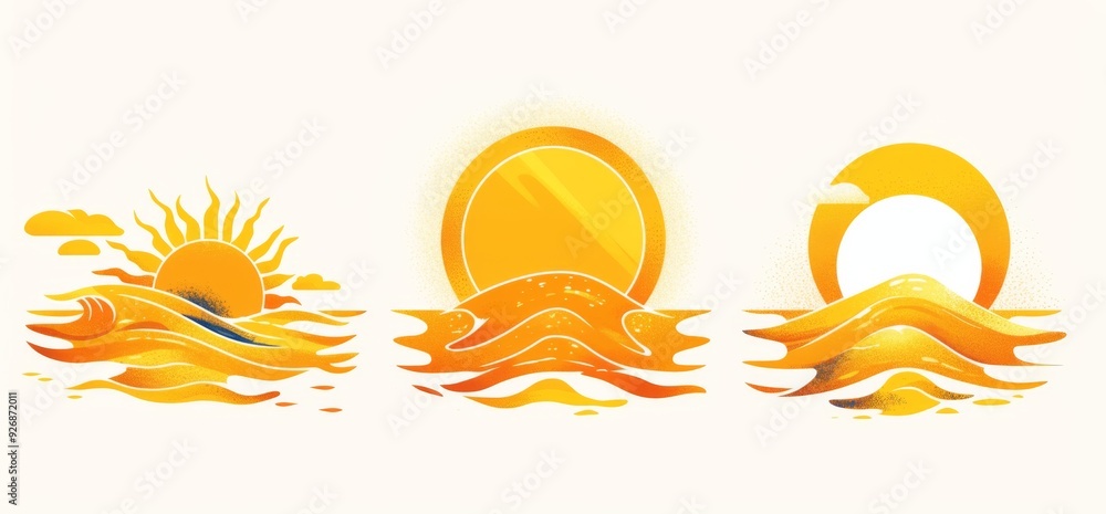 Series of Three Flat Vector Logos Featuring a Sun Rising Over Water with Yellow and White Colors and a Stylized Sea Wave Pattern Series of Three Flat Vector Logos Featuring a Sun Rising Over Water with Yellow and White Colors and a Stylized Sea Wave Pattern