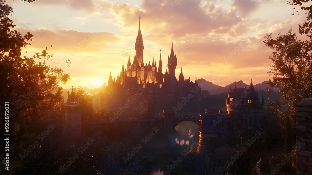 Naklejka premium Enchanted Castle Silhouetted Against Glowing Sunset Landscape