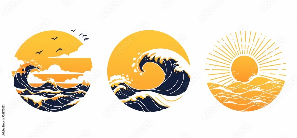 Series of Three Flat Vector Logos Featuring a Sun Rising Over Water with Yellow and White Colors and a Stylized Sea Wave Pattern Series of Three Flat Vector Logos Featuring a Sun Rising Over Water with Yellow and White Colors and a Stylized Sea Wave Pattern