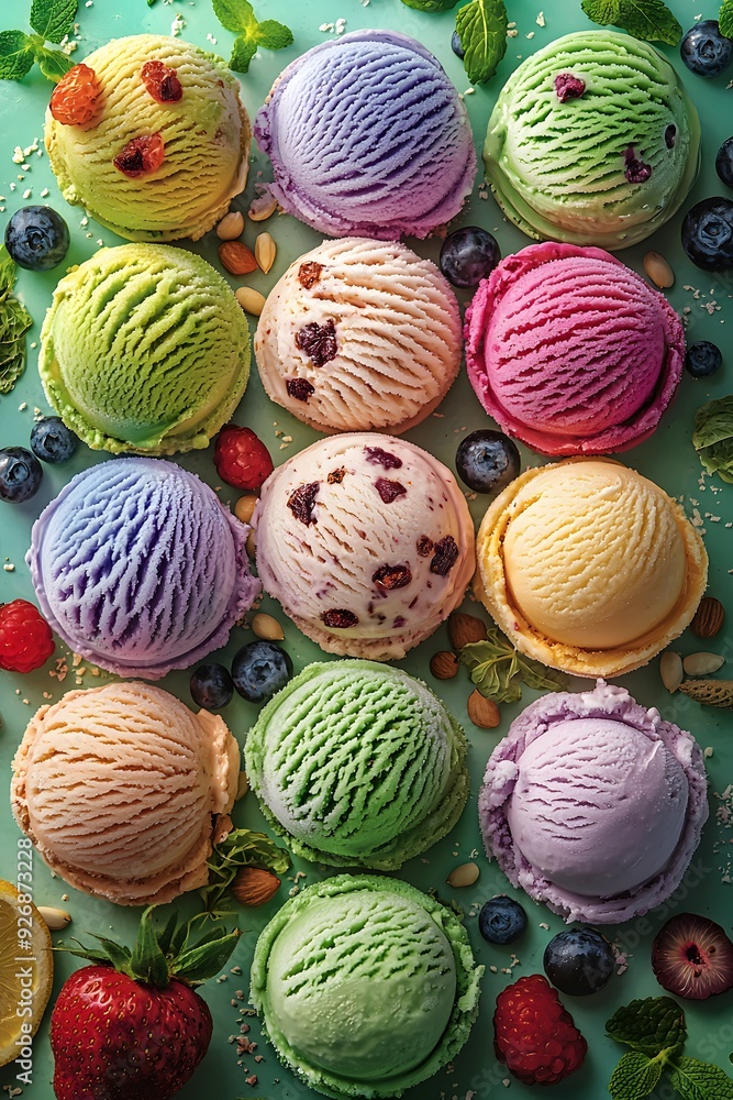Colorful Ice Cream Scoops with Berries and Mint.