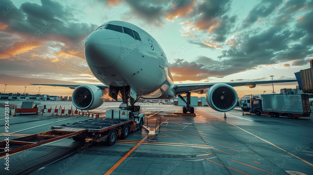 Obraz premium A large white airplane is parked on the tarmac with a tow truck connected to it. The plane is facing the camera and has its engines running. The sky is cloudy with a sunset in the background.
