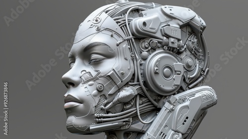 Cyborg Woman Head with Mechanical Parts and Wires
