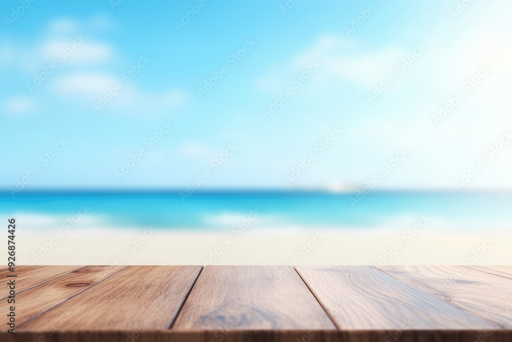 Empty Wooden Tabletop Overlooking Bright Blue Sea Beach Background. Perfect for Summer Themed Product Display Empty Wooden Tabletop Overlooking Bright Blue Sea Beach Background. Perfect for Summer Themed Product Display