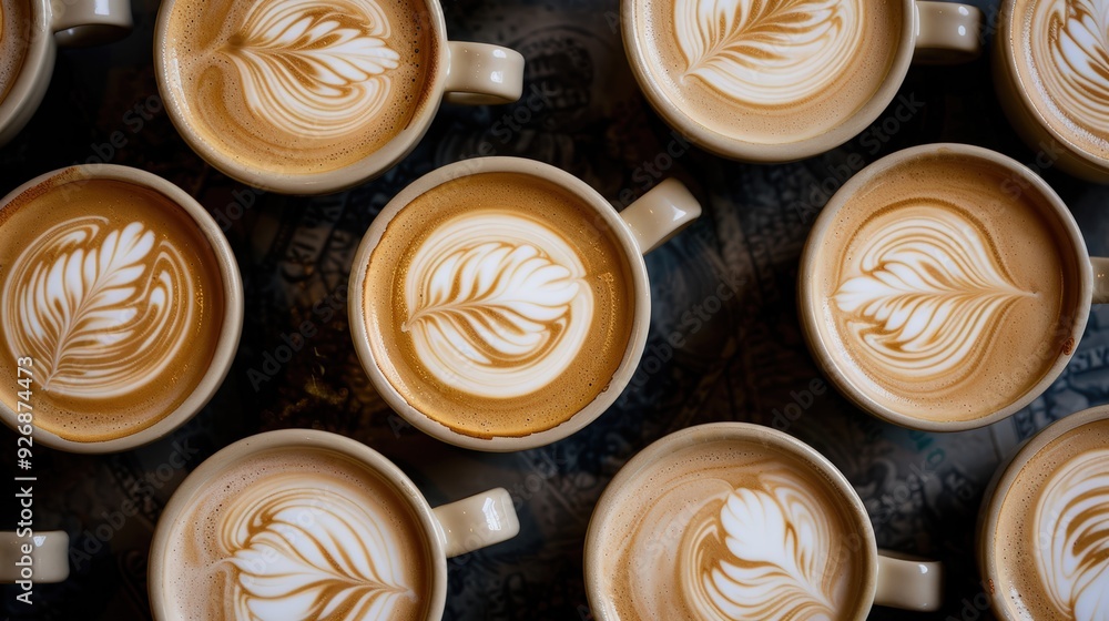Latte Art - Coffee Drinks in a Row Latte Art - Coffee Drinks in a Row