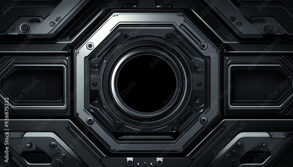 Black Futuristic Metal Panel with a Circular Aperture Black Futuristic Metal Panel with a Circular Aperture