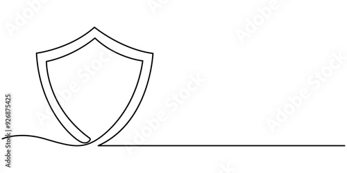 Continuous single line drawing of shield. One line protect linear symbol. Safety, insurance concept. Guard drawing sign. Abstract background. Doodle hand drawn protection, pro vector.