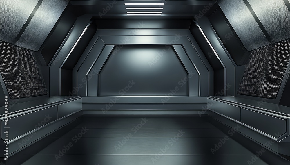 Futuristic Dark Grey Room with Geometric Panels and Lighting Futuristic Dark Grey Room with Geometric Panels and Lighting