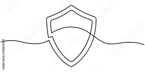 Continuous single line drawing of shield. One line protect linear symbol. Safety, insurance concept. Guard drawing sign. Abstract background. Doodle hand drawn protection, pro vector.