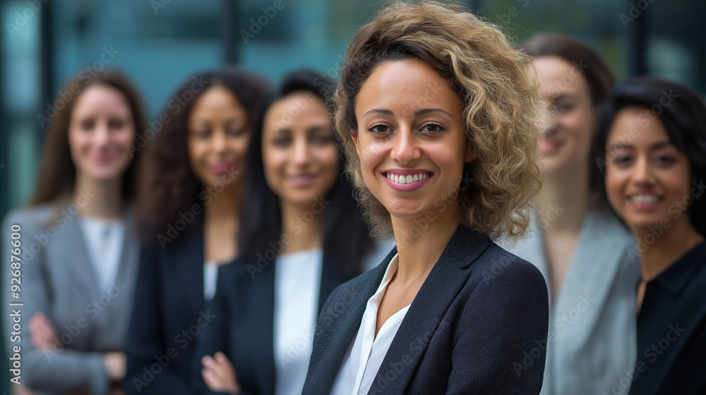 Smiling businesswomen and businessmen standing in a row in an office, looking at the camera Smiling businesswomen and businessmen standing in a row in an office, looking at the camera