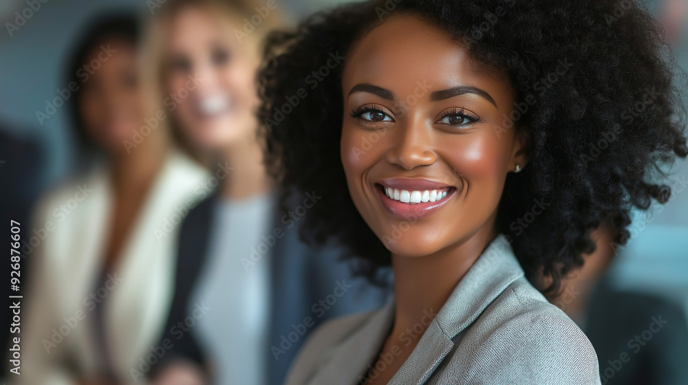 Smiling businesswoman standing with a team of businesspeople in a corporate office, showcasing teamwork and success Smiling businesswoman standing with a team of businesspeople in a corporate office, showcasing teamwork and success