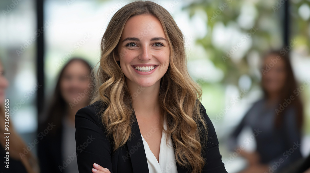 Smiling businesswoman in a suit, looking confident and successful in an office Smiling businesswoman in a suit, looking confident and successful in an office