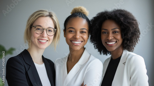 Diverse business team smiling confidently in office, standing together for teamwork and success