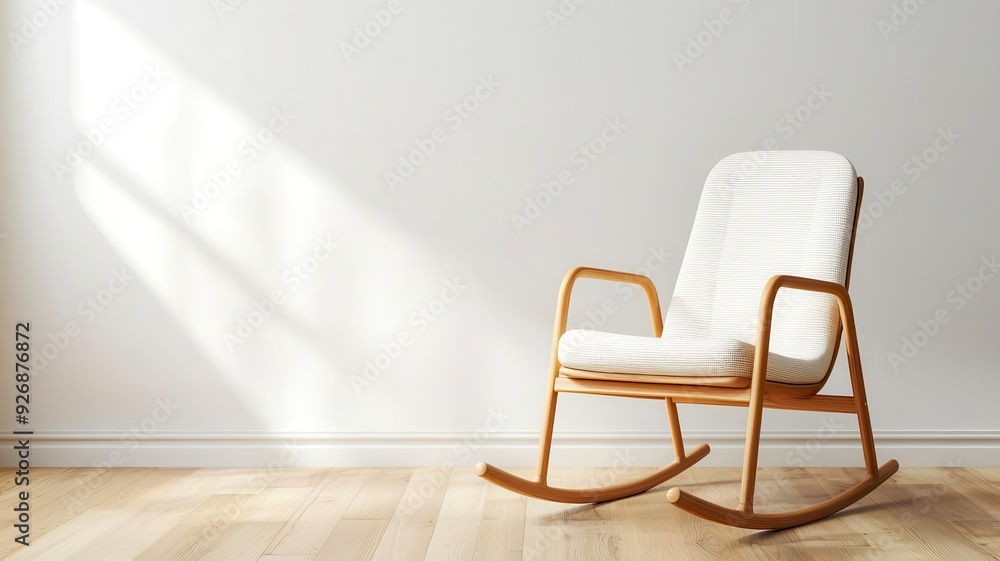 Fototapeta premium Bamboo rocking chair with a minimalist frame, set on a wooden floor, in a bright, airy room