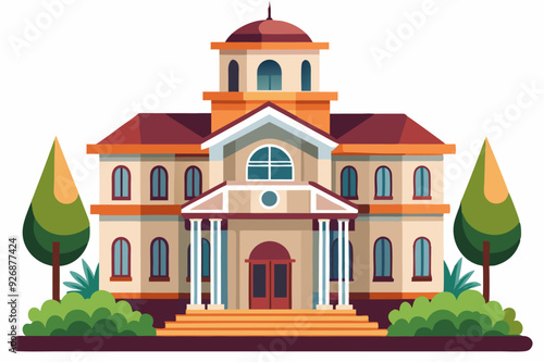 Cartoon Illustration of a Grand House with a Dome