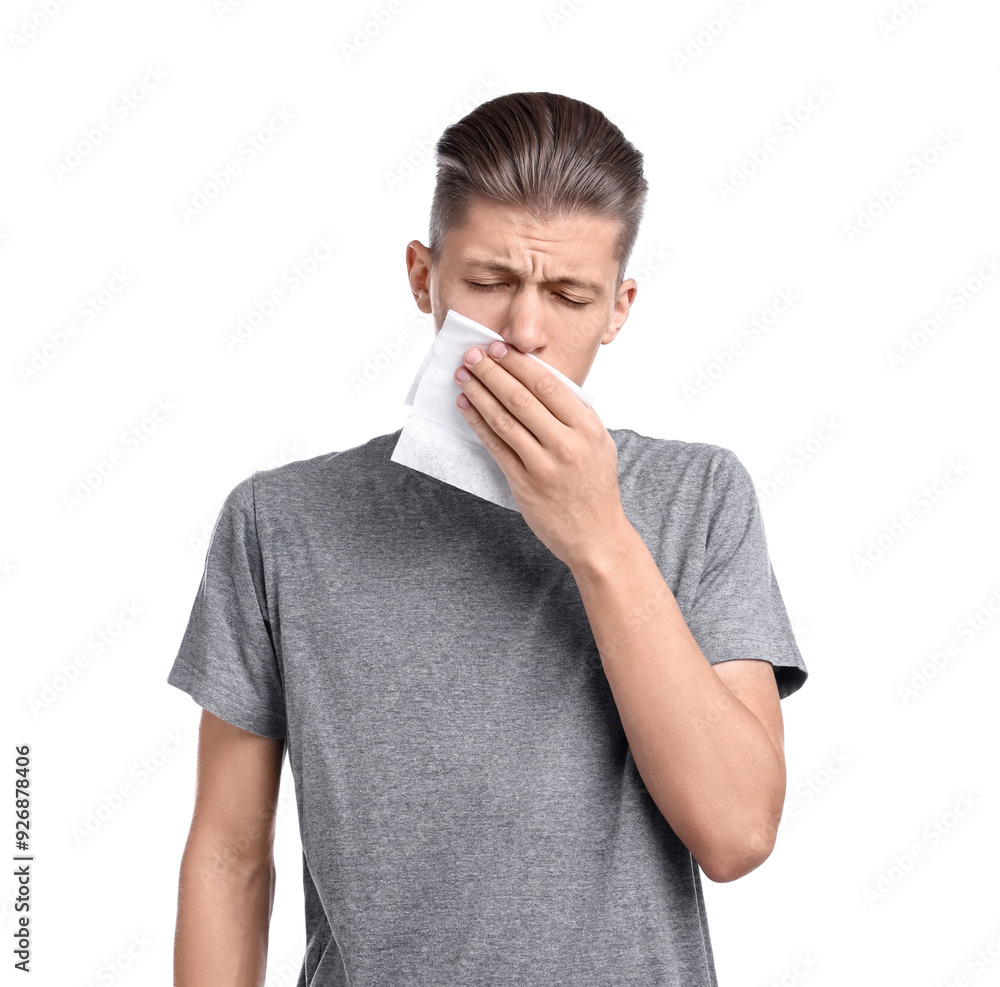 Young man with tissue suffering from sinusitis on white background Young man with tissue suffering from sinusitis on white background