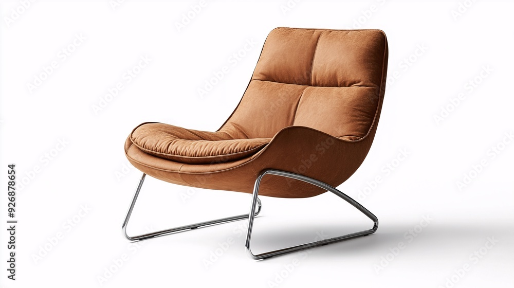 Modern Comfort: Sculptural Tan Leather Lounge Chair on White Modern Comfort: Sculptural Tan Leather Lounge Chair on White