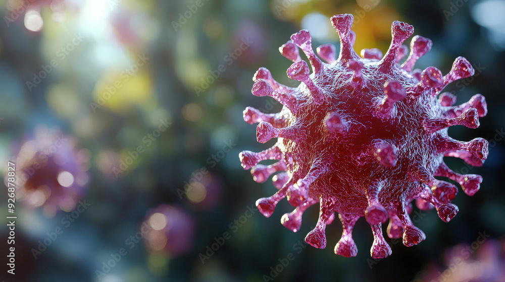 Detailed close-up of a red virus structure with a blurred background, captured in soft sunlight, representing viral infections and medical research. Detailed close-up of a red virus structure with a blurred background, captured in soft sunlight, representing viral infections and medical research.