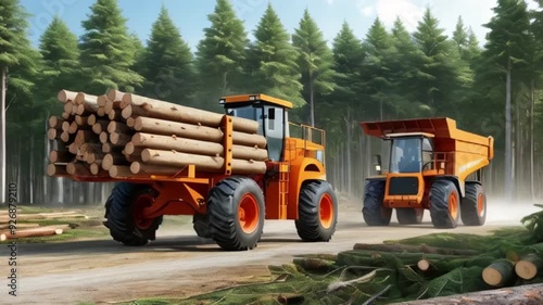 Transporting raw timber with wheeled harvesters in forest clearing operations. Concept Lumber Harvesting  created with generative ai	 photo