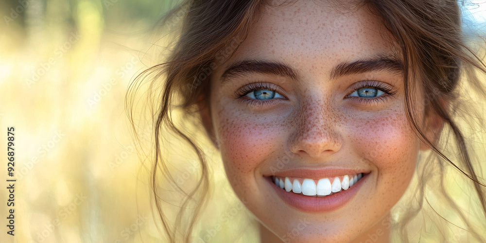 A portrait of a young, beautiful woman with white teeth, smiling on a blurred natural background, exuding joy and confidence. A portrait of a young, beautiful woman with white teeth, smiling on a blurred natural background, exuding joy and confidence.