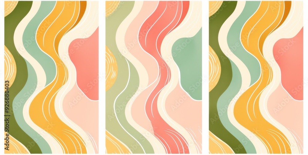 White Border Frame with Retro Groovy Patterns: Heart Shapes Inside Wavy Lines in Pink, Green, and Yellow Color Palettes on White Background White Border Frame with Retro Groovy Patterns: Heart Shapes Inside Wavy Lines in Pink, Green, and Yellow Color Palettes on White Background