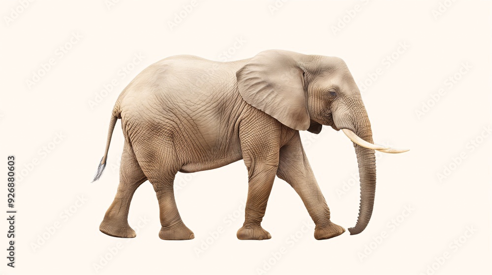Fototapeta premium African Elephant Walking on White Background: A majestic African elephant strides forward on a pristine white backdrop. The animal's powerful presence and intricate details are highlighted against the