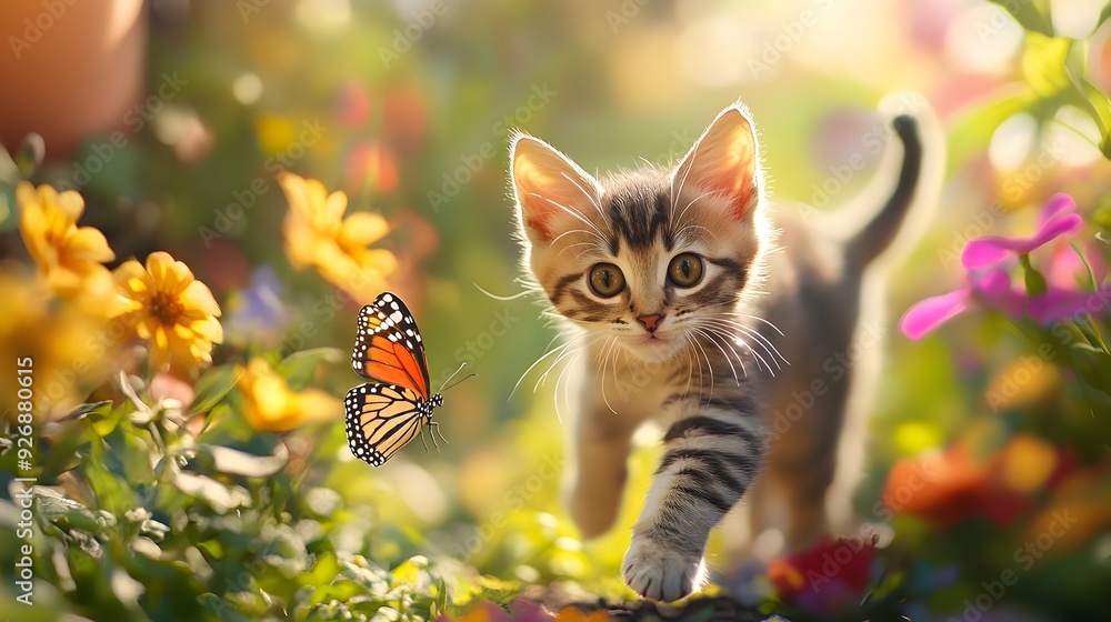 Playful Kitten Chasing Butterfly in Sunny Vibrant Garden Playful Kitten Chasing Butterfly in Sunny Vibrant Garden