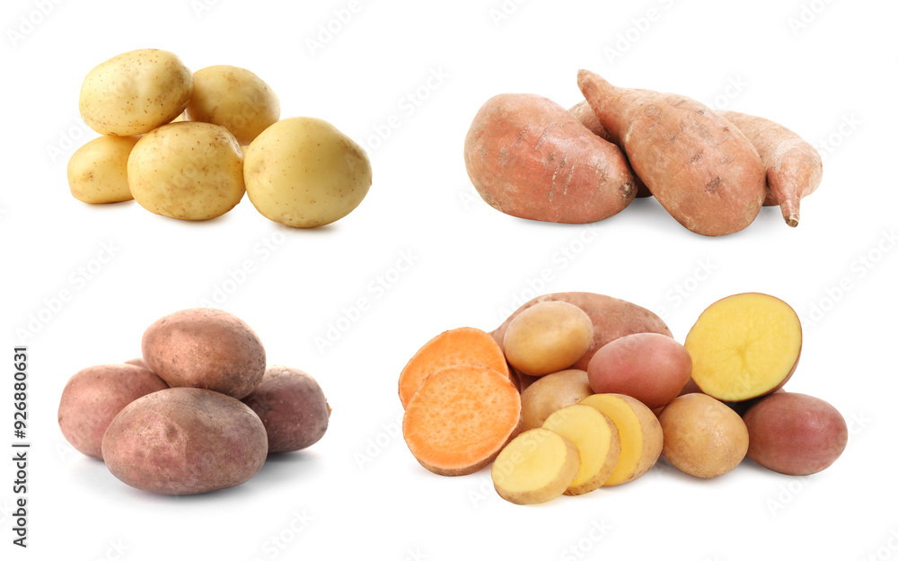 Obraz premium Different types of potatoes isolated on white, collection
