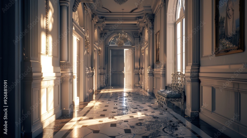 Fototapeta premium Sunlit Hallway in a Luxurious Mansion