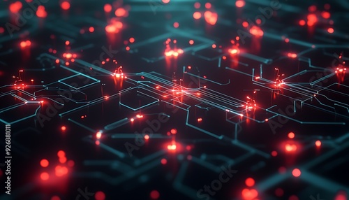 Close-Up of Digital System Undergoing Vulnerability Scan with Red Node Indicators