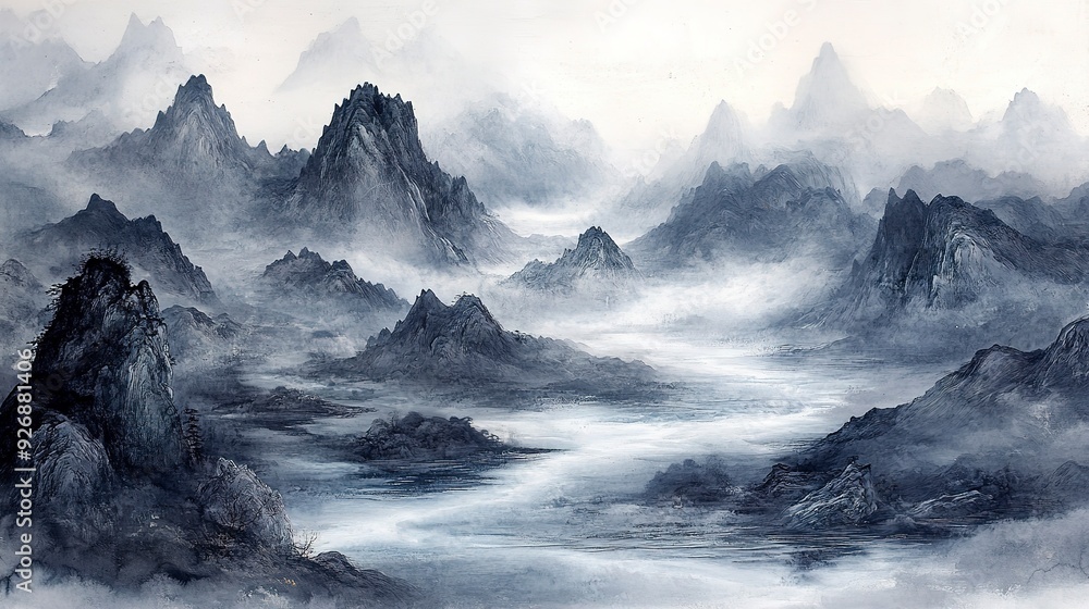 Elegant landscape depiction of misty mountains and a winding river in Chinese ink painting art Elegant landscape depiction of misty mountains and a winding river in Chinese ink painting art