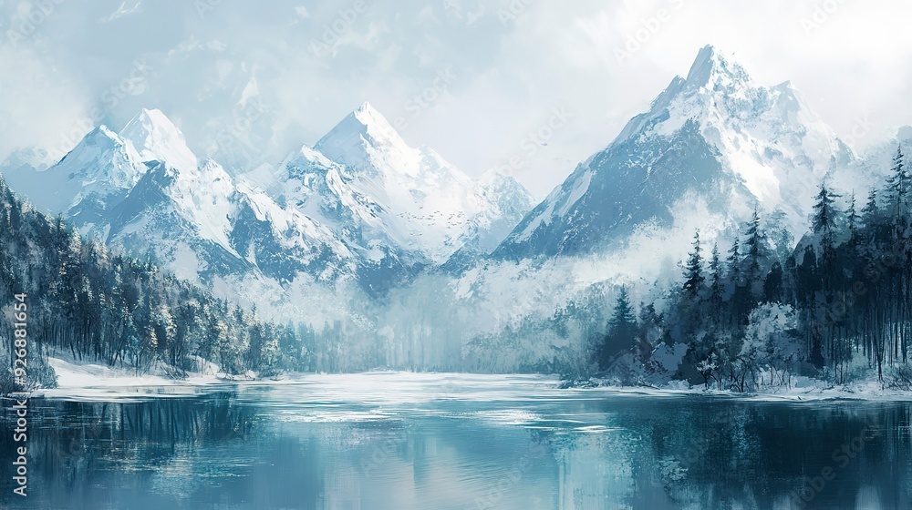 Fototapeta premium A painting depicting snow-covered mountains towering over a serene lake in a winter landscape.