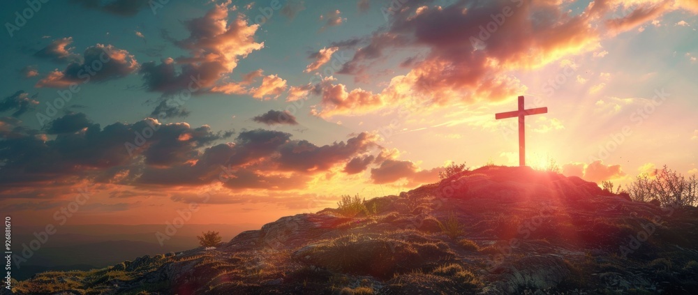 Sacred sunset jesus cross on mountain top in travel destination beauty and solitude Sacred sunset jesus cross on mountain top in travel destination beauty and solitude