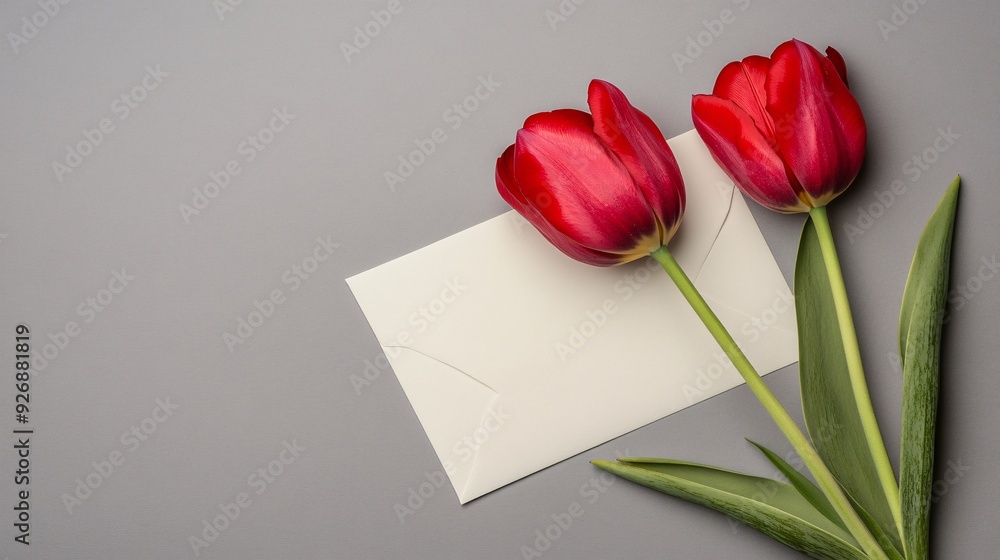 Fototapeta premium A simple arrangement of red tulips beside a blank envelope on a gray background.