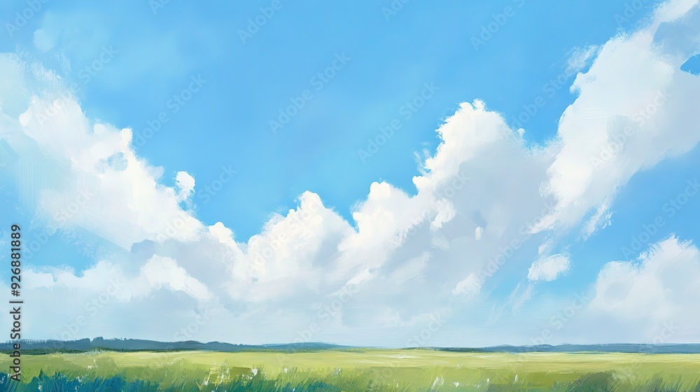 A minimalist landscape painting features a blue sky with puffy white clouds above a green and blue field A minimalist landscape painting features a blue sky with puffy white clouds above a green and blue field