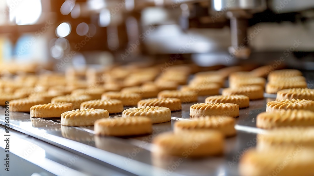 Biscuits on the conveyor belt in the kitchen of the bakery Biscuits on the conveyor belt in the kitchen of the bakery