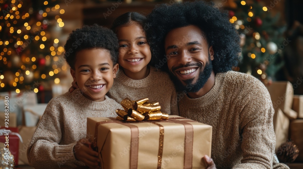 A joyful Christmas morning with a family opening gifts together in a festive living room A joyful Christmas morning with a family opening gifts together in a festive living room